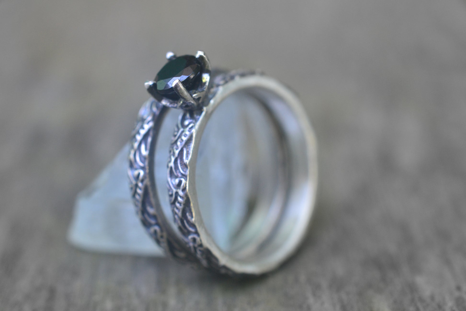 Baroque Style Black Spinel Wedding Set in Sterling