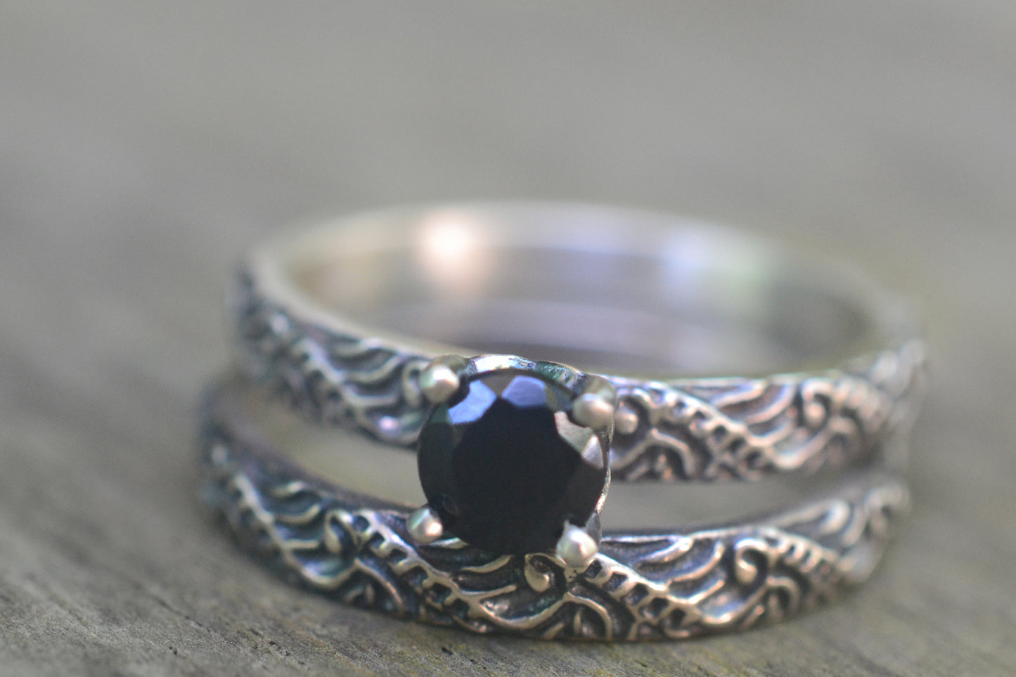 Faceted Black Spinel Wedding Set in Sterling