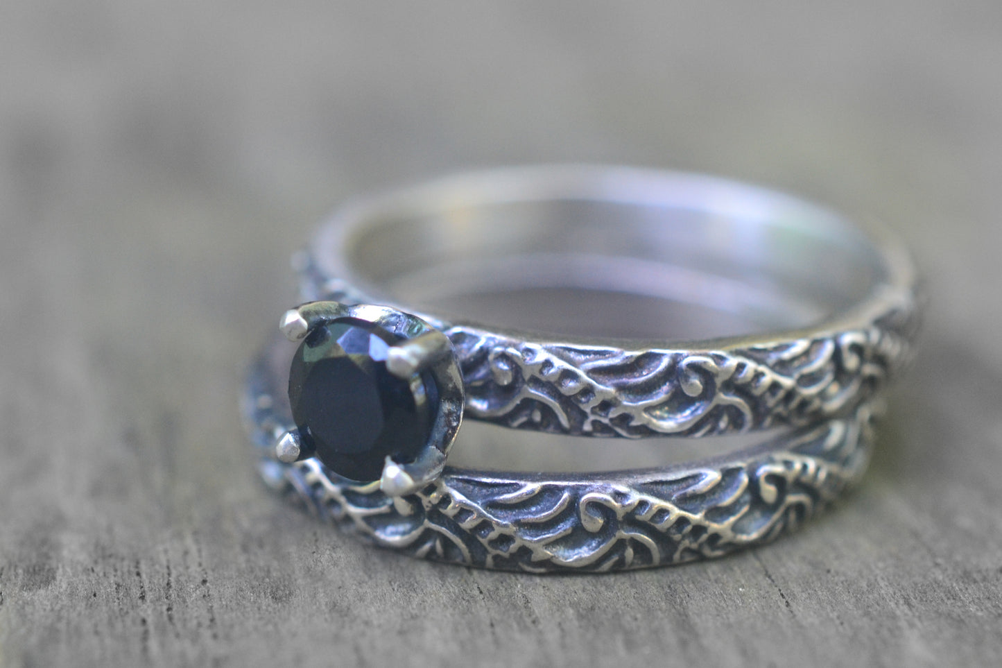 Womens Black Spinel Bridal Set in Silver