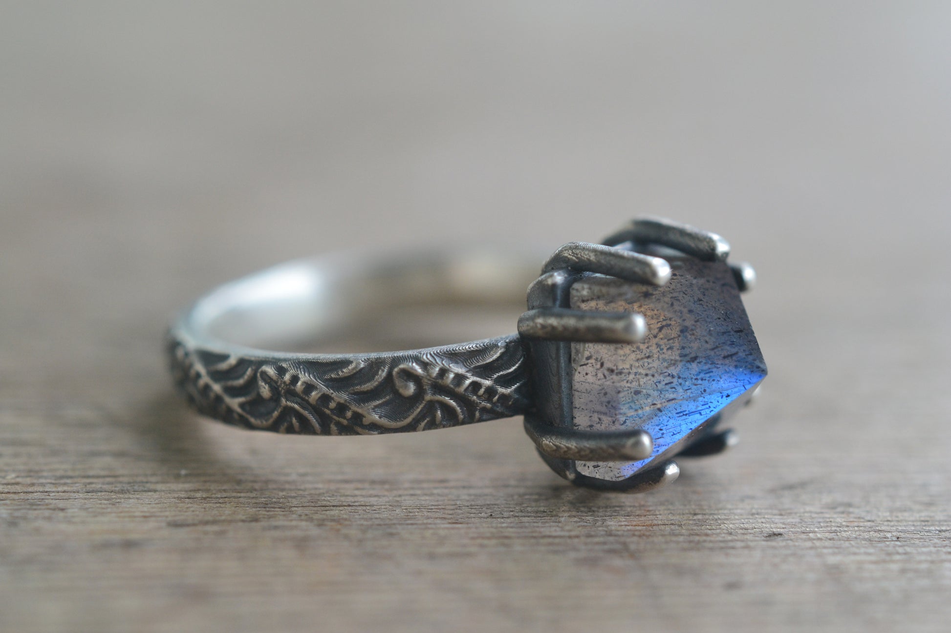 Labradorite Crystal Point Ring in Oxidised Silver