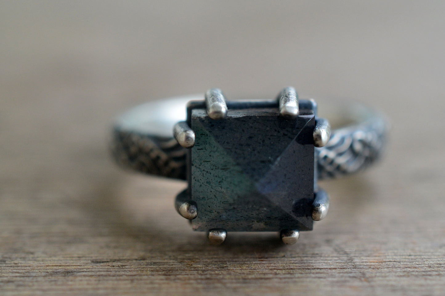 Oxidised Silver Scroll Ring With Labradorite Point