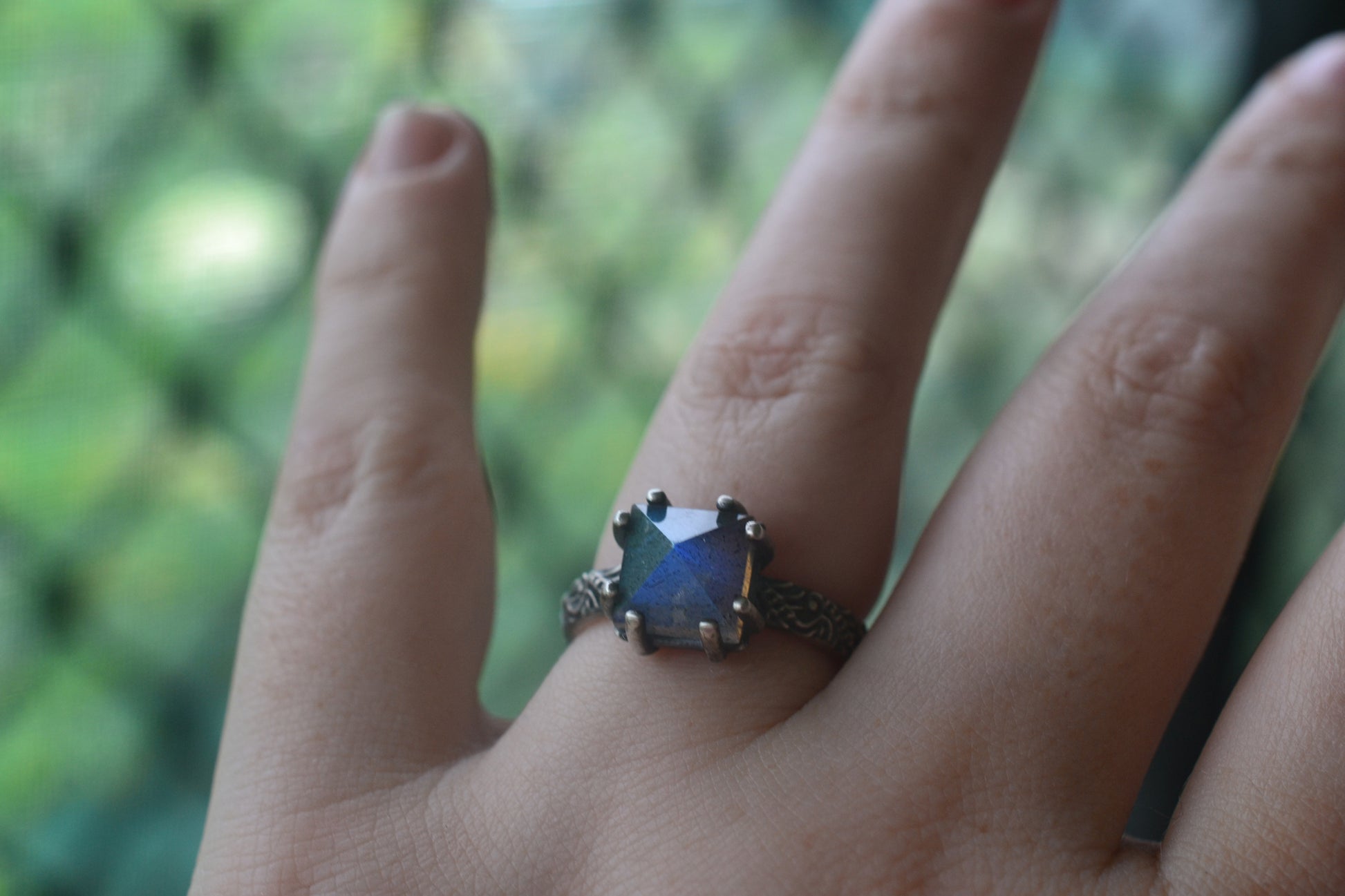 Labradorite Crystal Pyramid Ring in Oxidised Silver