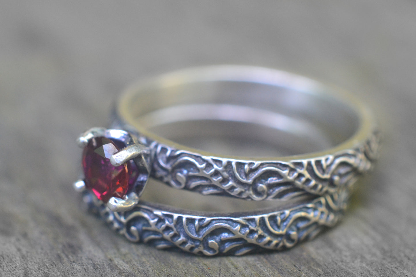 Antiqued Silver & Red Topaz Wedding Set