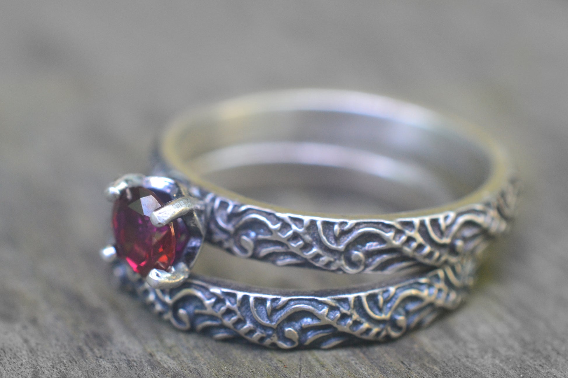Antiqued Silver & Red Topaz Wedding Set