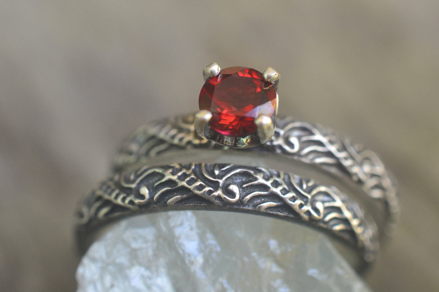 Womens Red Peony Topaz Bridal Ring Set
