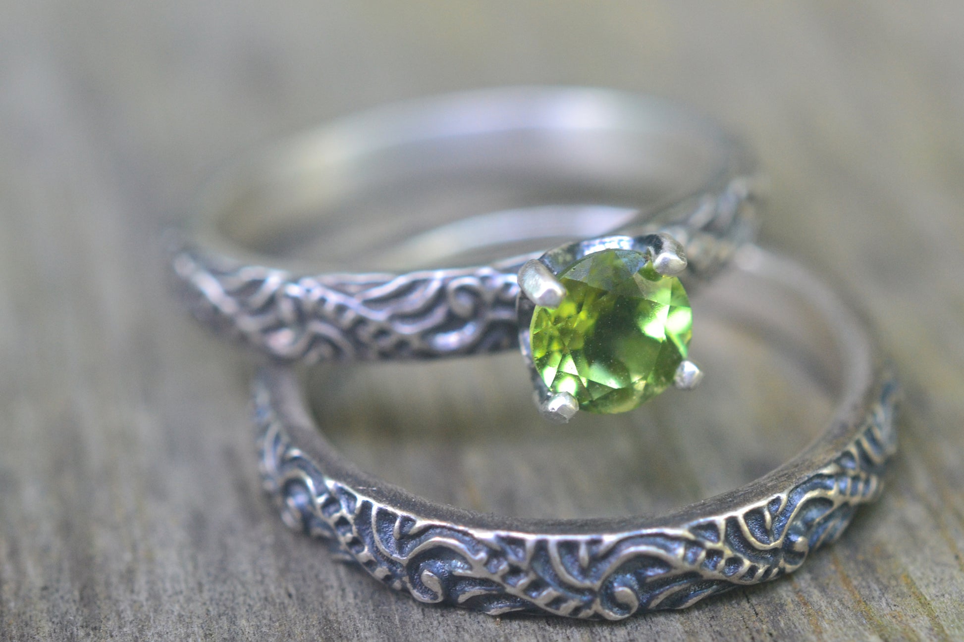 Oxidised Silver Scroll Bridal Set With Green Stone