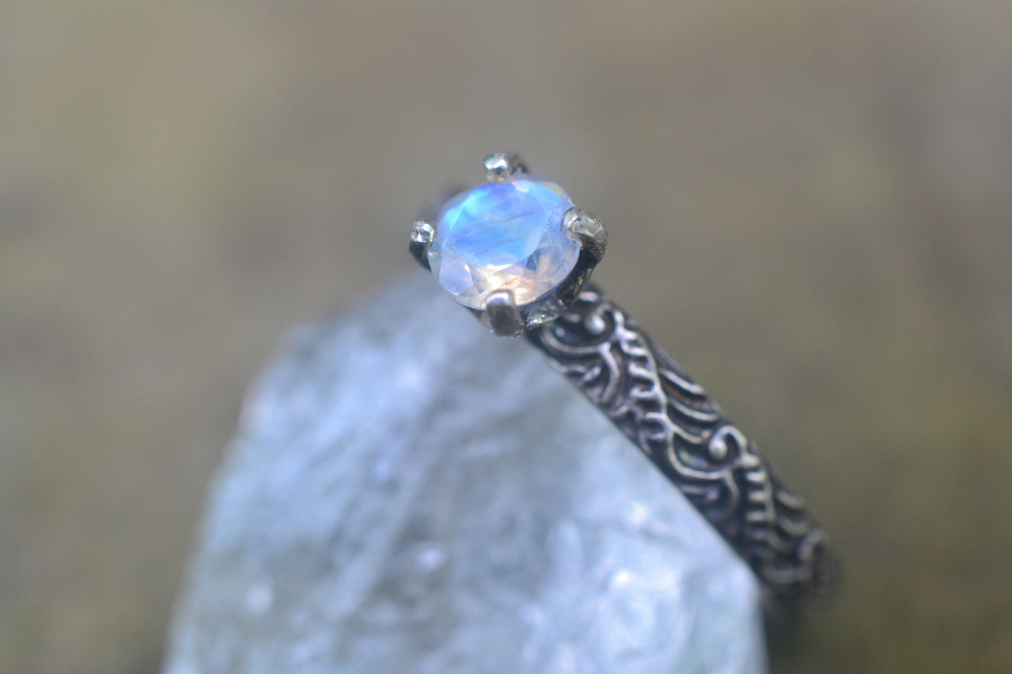 Natural Moonstone Ring in Baroque Style Silver