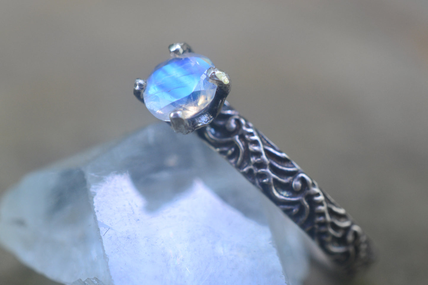 Silver Scrollwork Ring With Natural Rainbow Moonstone