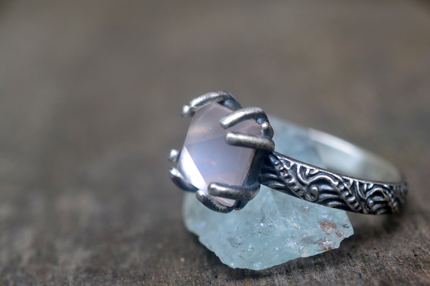 Rose Quartz Crystal Point Ring in Gothic Silver