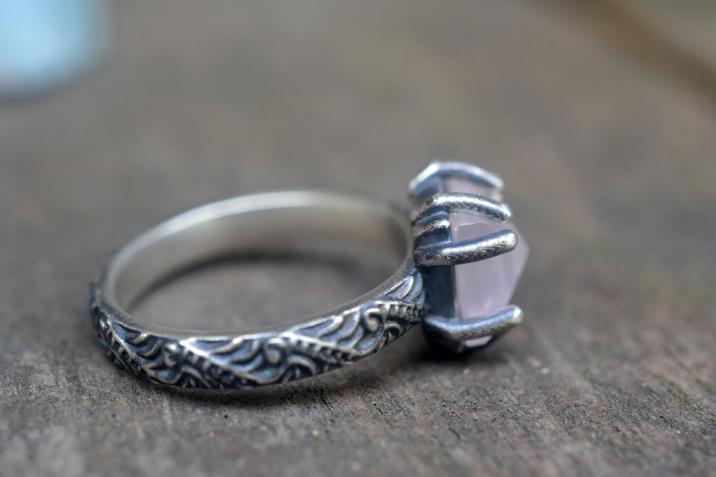 Oxidised Scrollwork Ring With Rose Quartz Stone