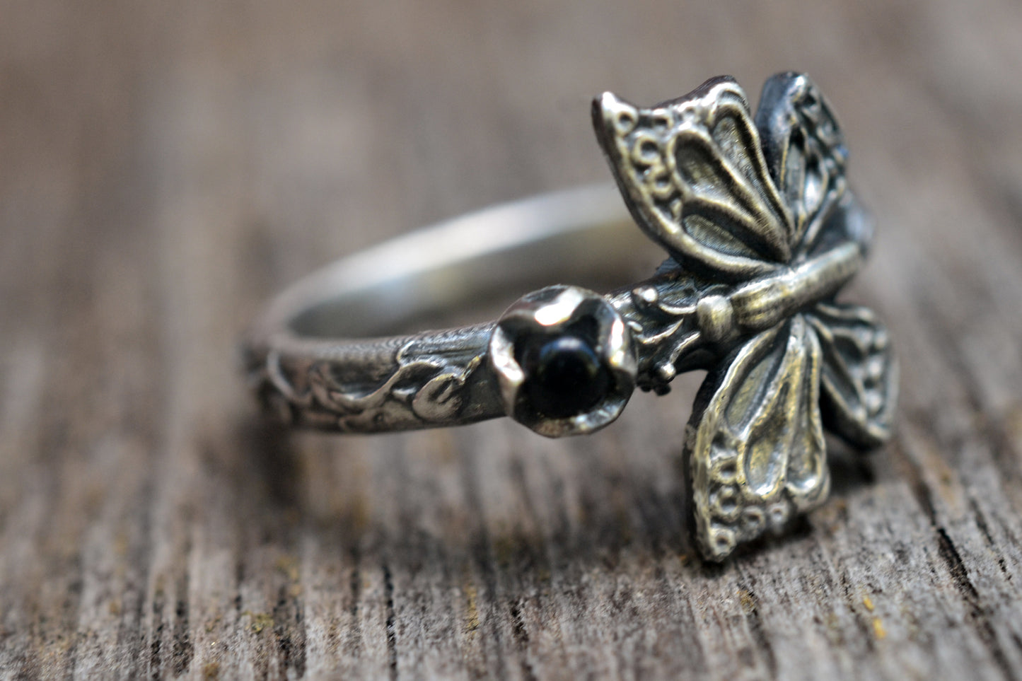 925 Silver Butterfly Ring With Black Onyx