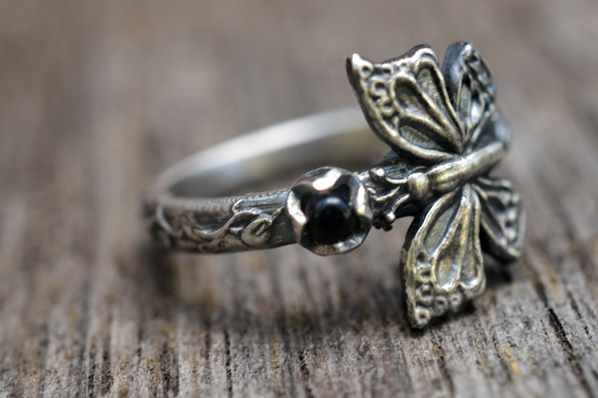 925 Silver Butterfly Ring With Black Onyx