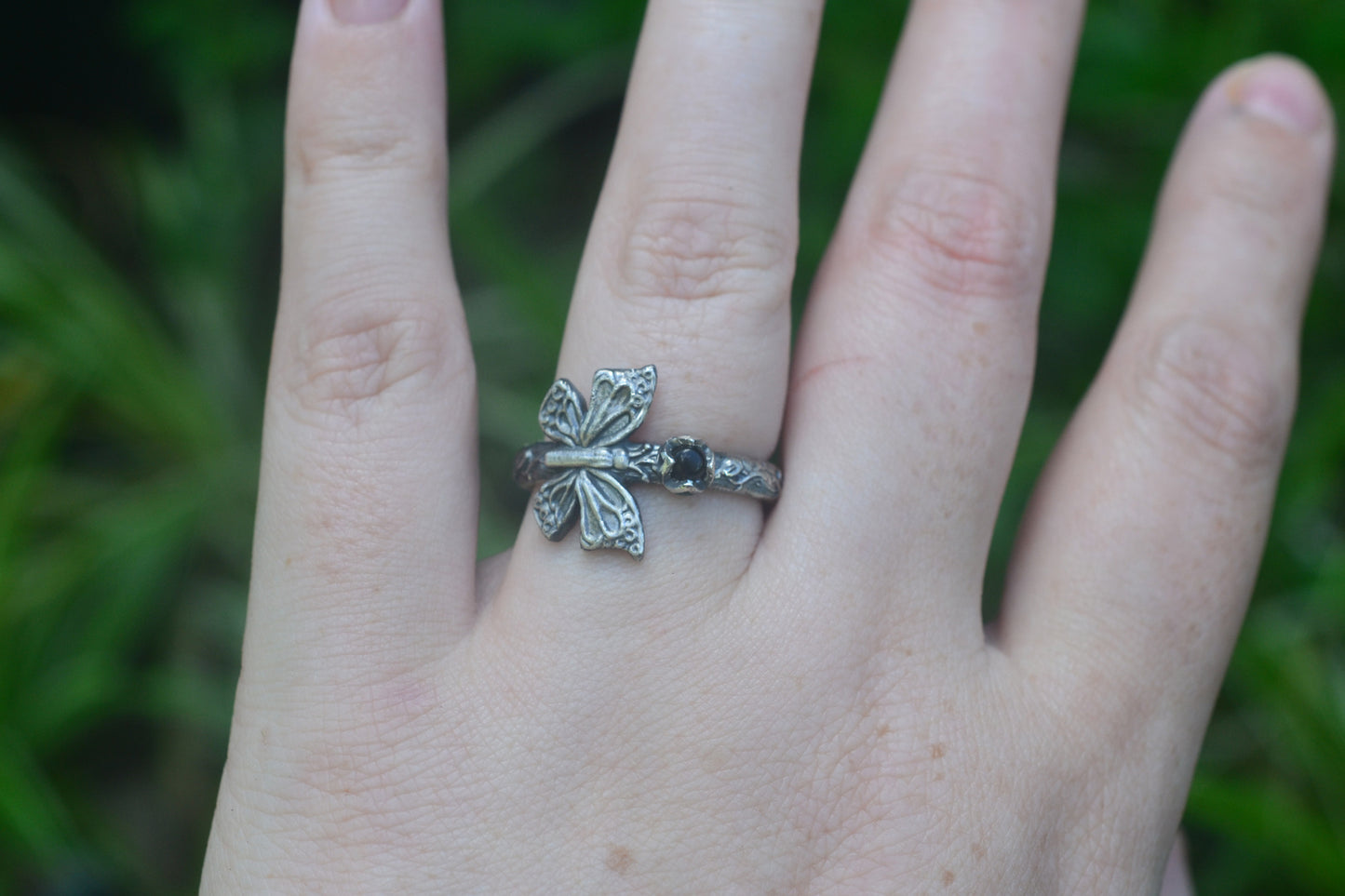 Black Onyx Cabochon Ring With Butterfly