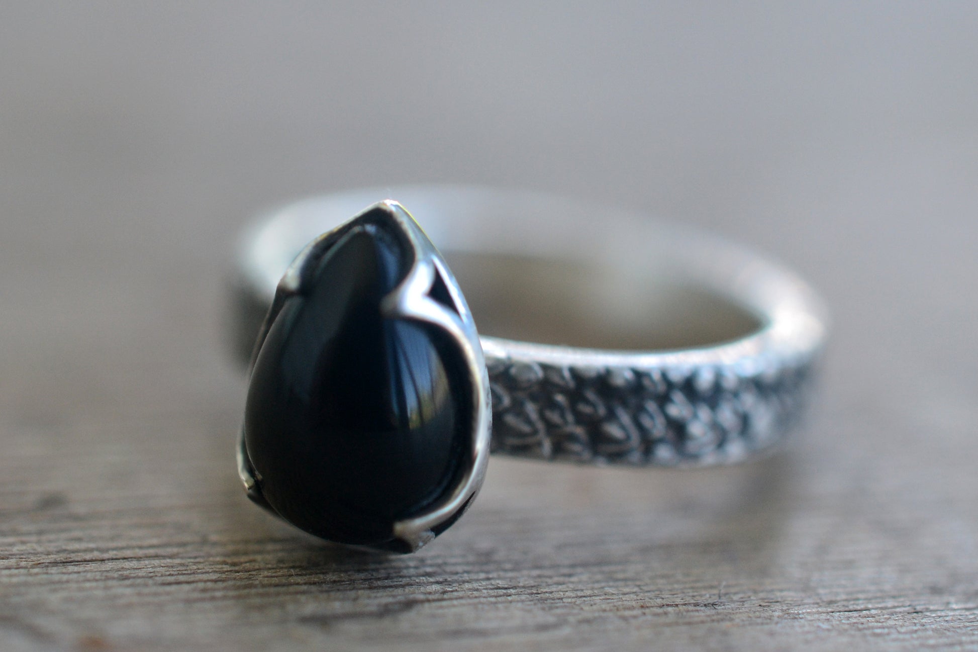 Teardrop Onyx Statement Ring in Oxidised Sterling