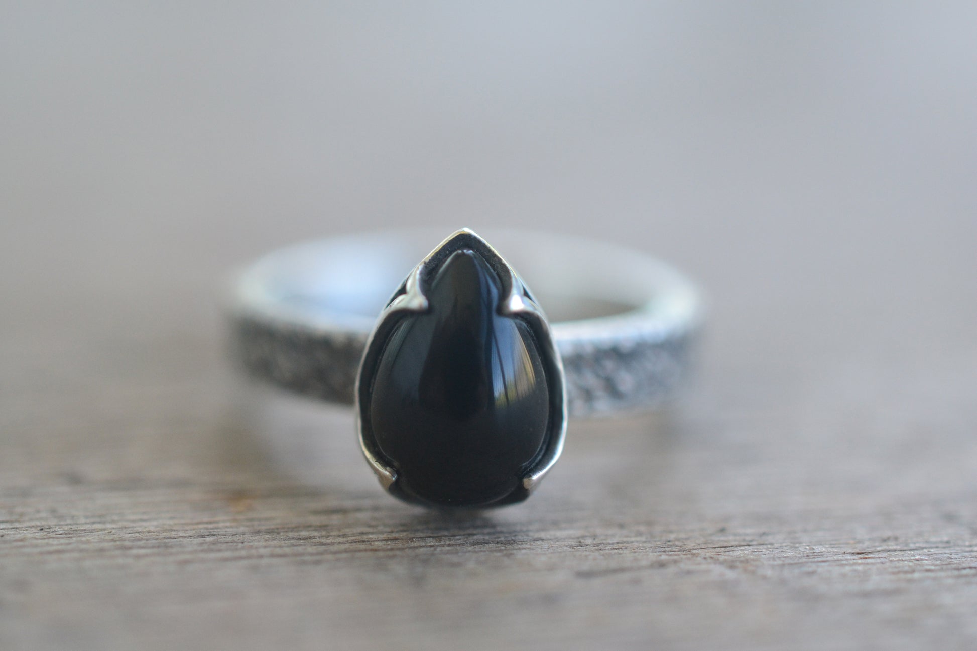 Black Onyx Teardrop Ring in Oxidised Silver