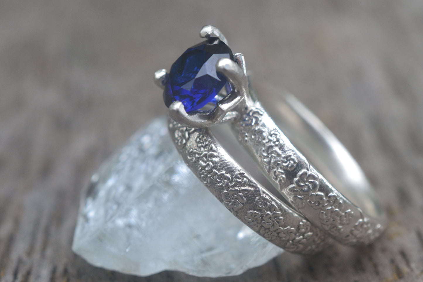 Silver Cherry Blossom Ring Set With Sapphire