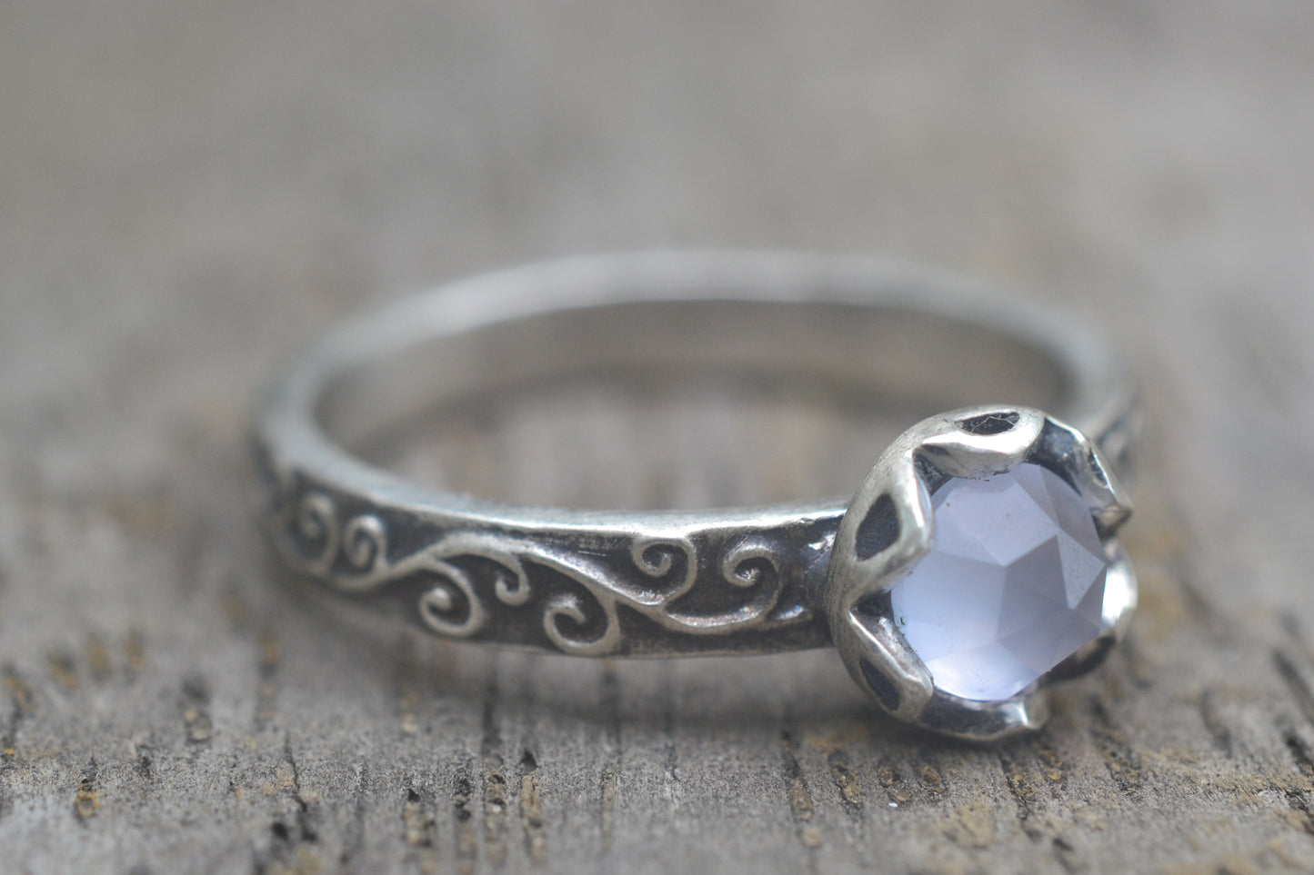 Rose Cut Chalcedony Ring in Oxidised Silver