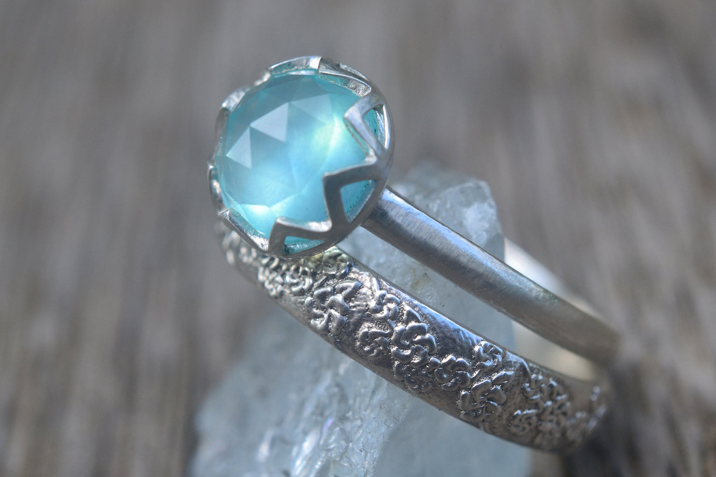 Blue Opal Cabochon Bridal Ring Set in Silver
