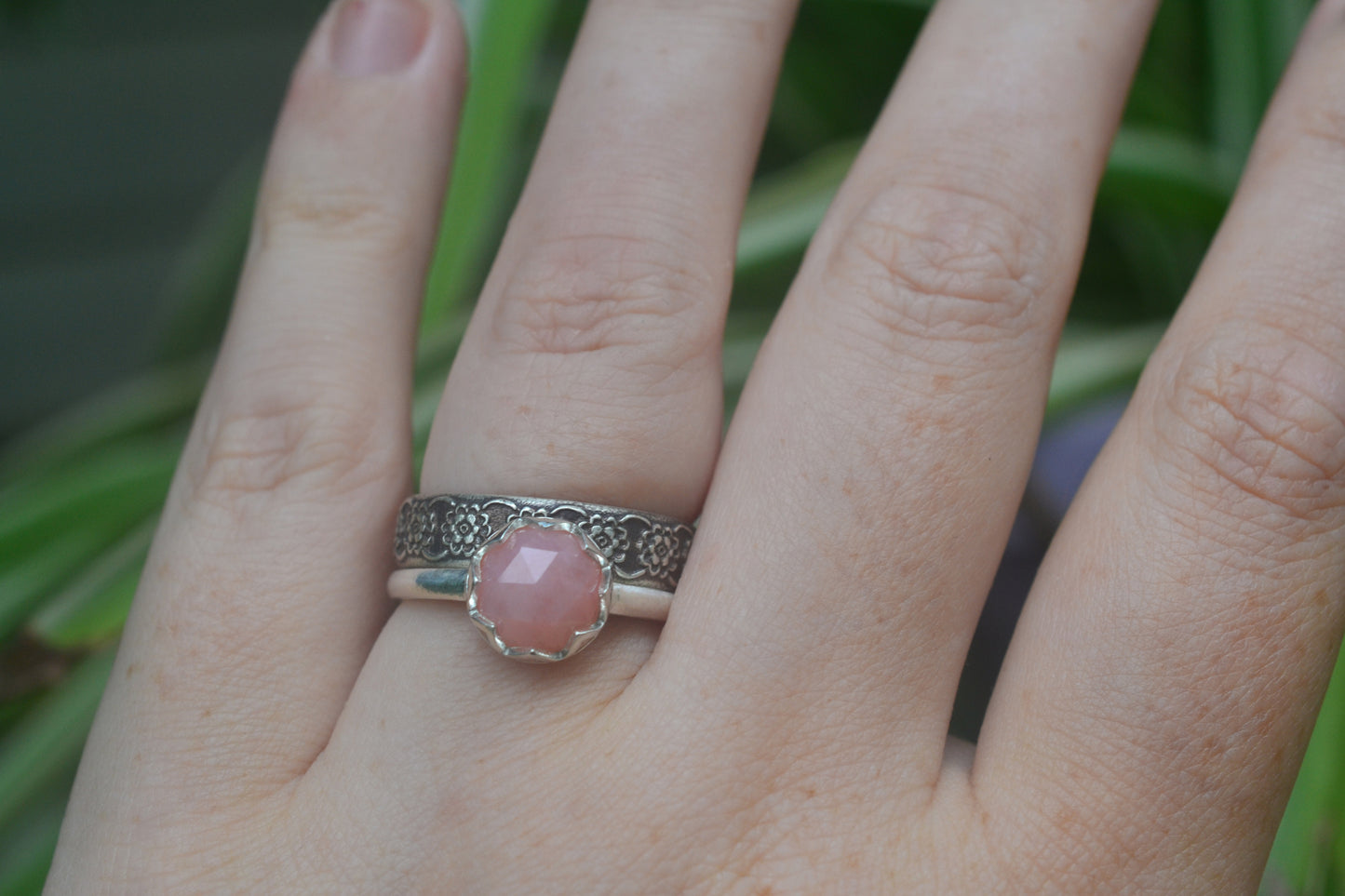 Womens Pink Opal Silver Flower Wedding Set