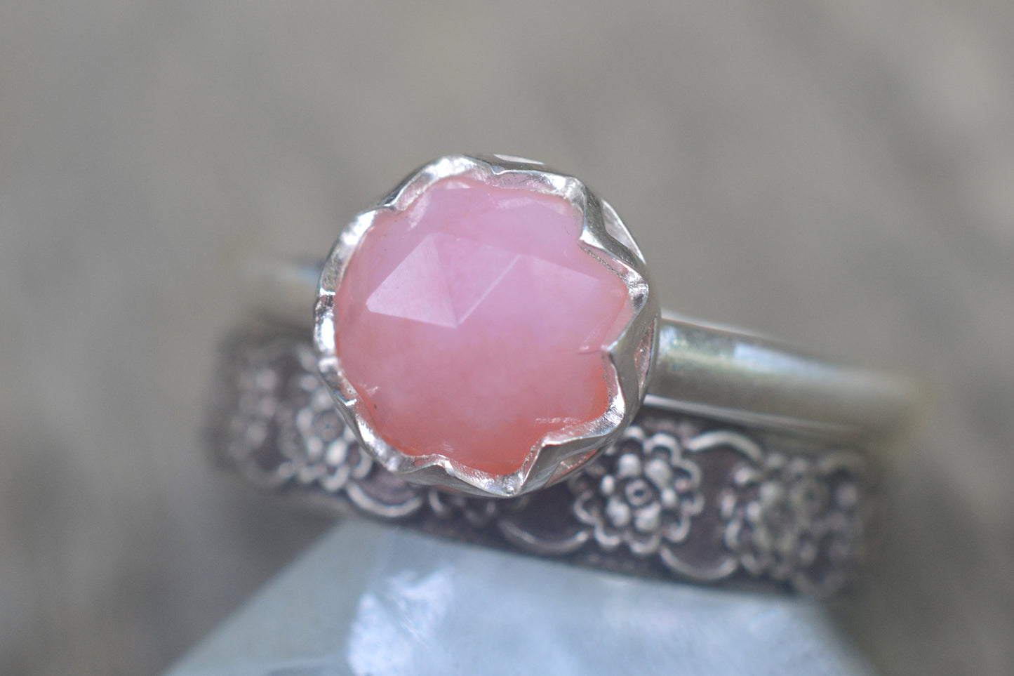 Pink Opal Bridal Set With Silver Flower Band