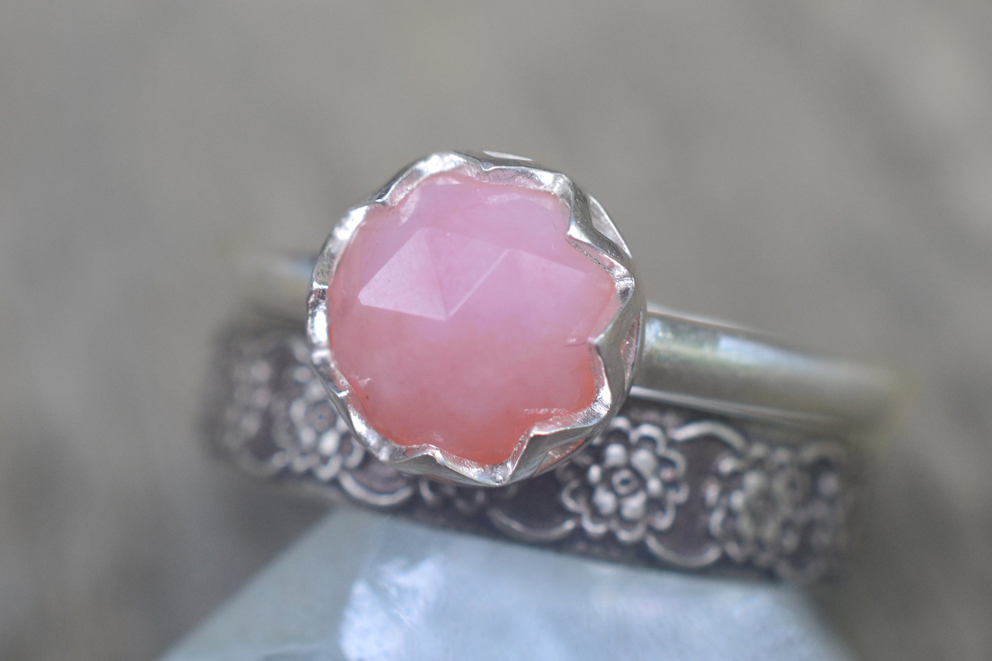 Pink Opal Bridal Set With Silver Flower Band