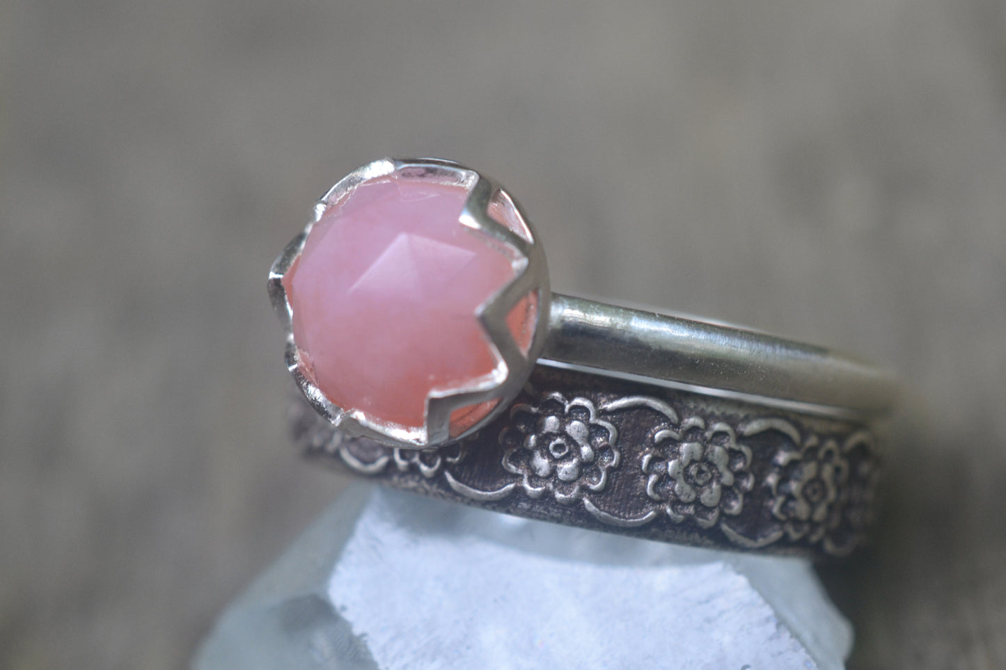 Pink Opal Engagement Ring Set in Sterling Silver