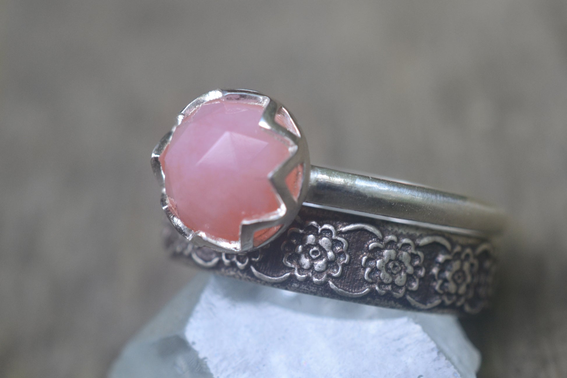 Pink Opal Engagement Ring Set in Sterling Silver