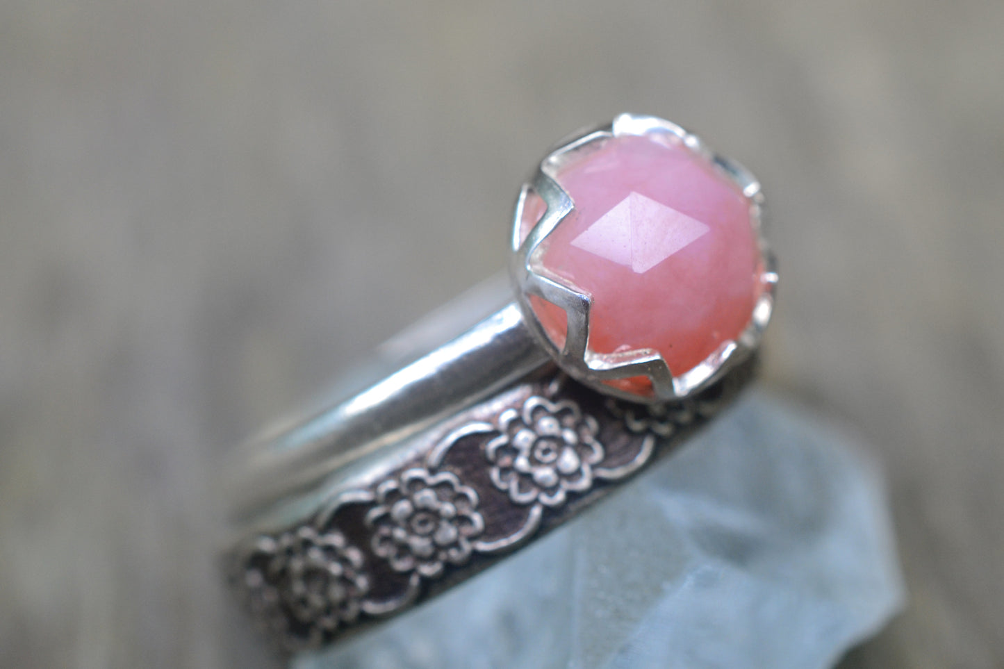 Womens Pink Opal Wedding Set in Silver