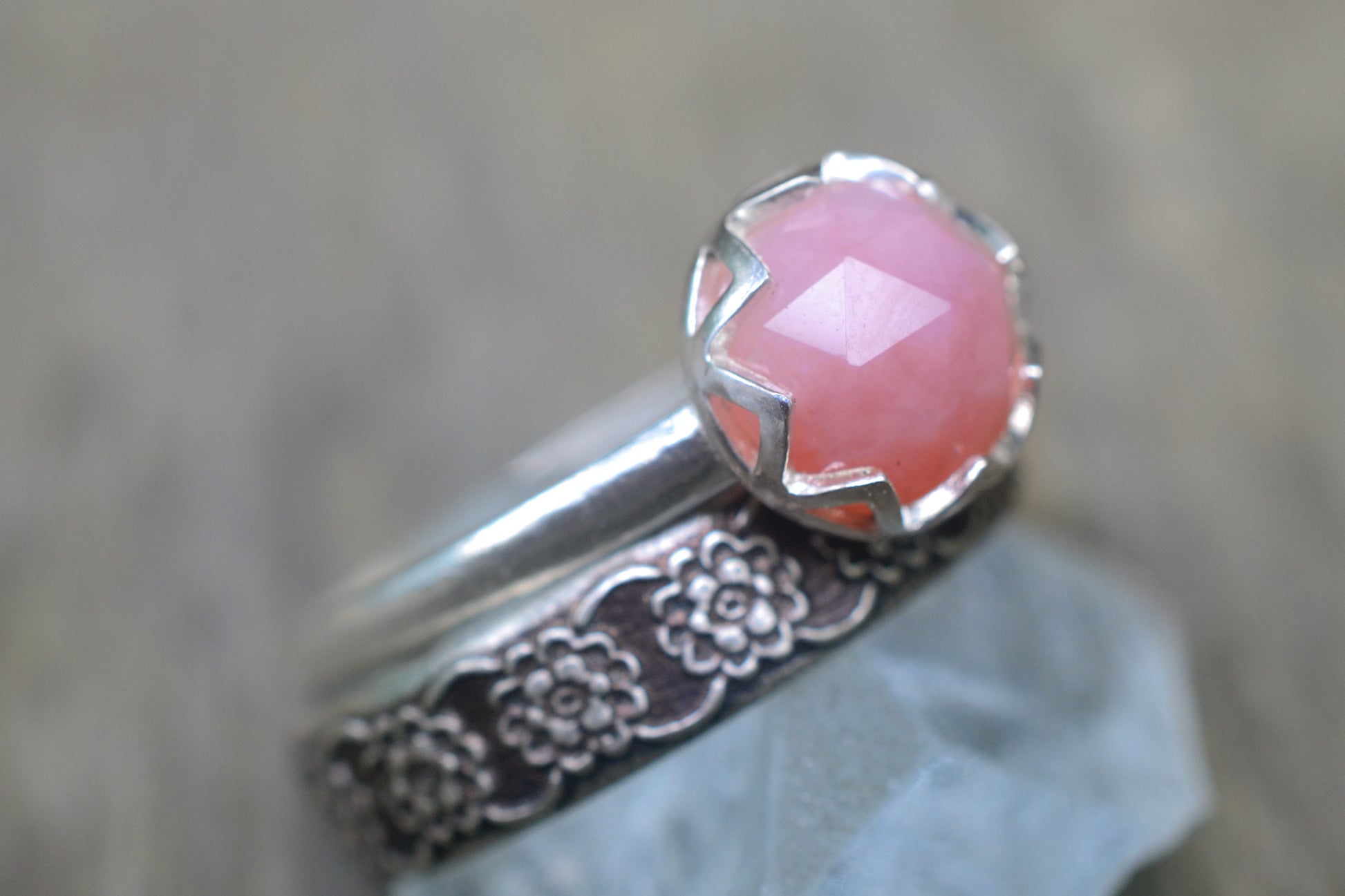 Womens Pink Opal Wedding Set in Silver