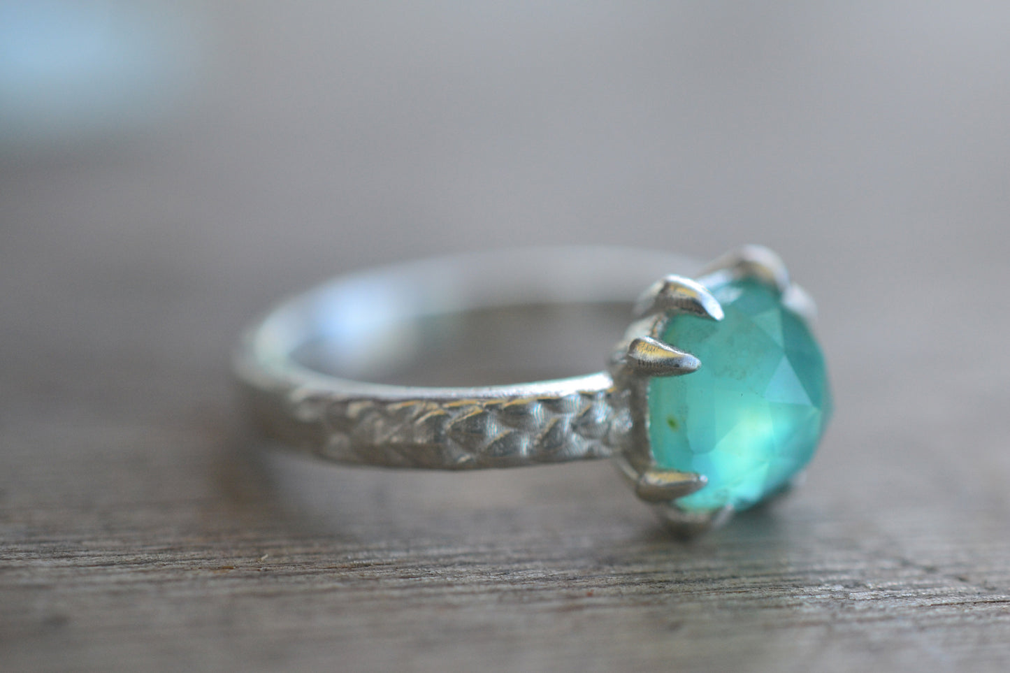 Cushion Cut Blue Opal Ring With Scaled Band