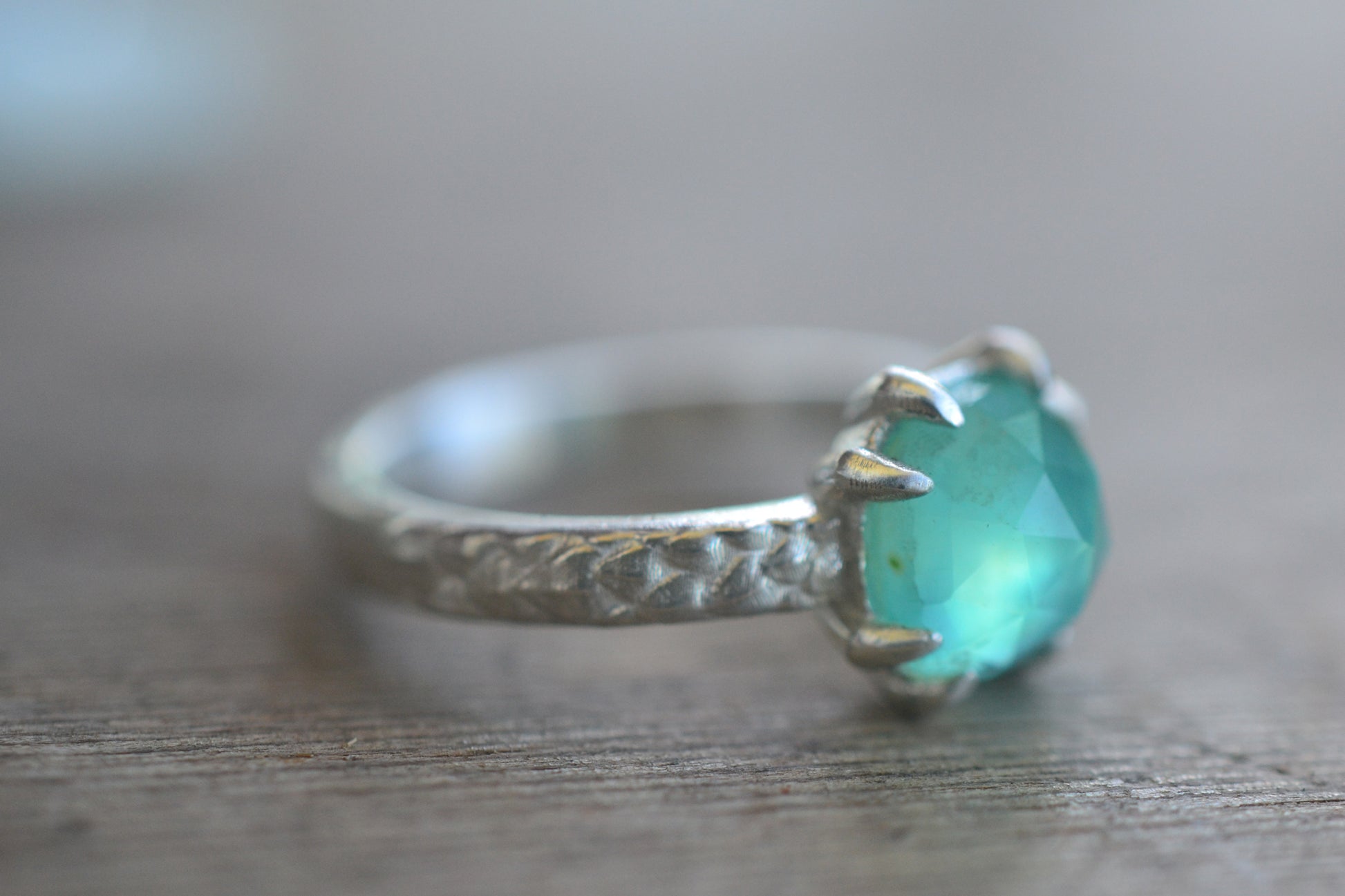 Cushion Cut Blue Opal Ring With Scaled Band