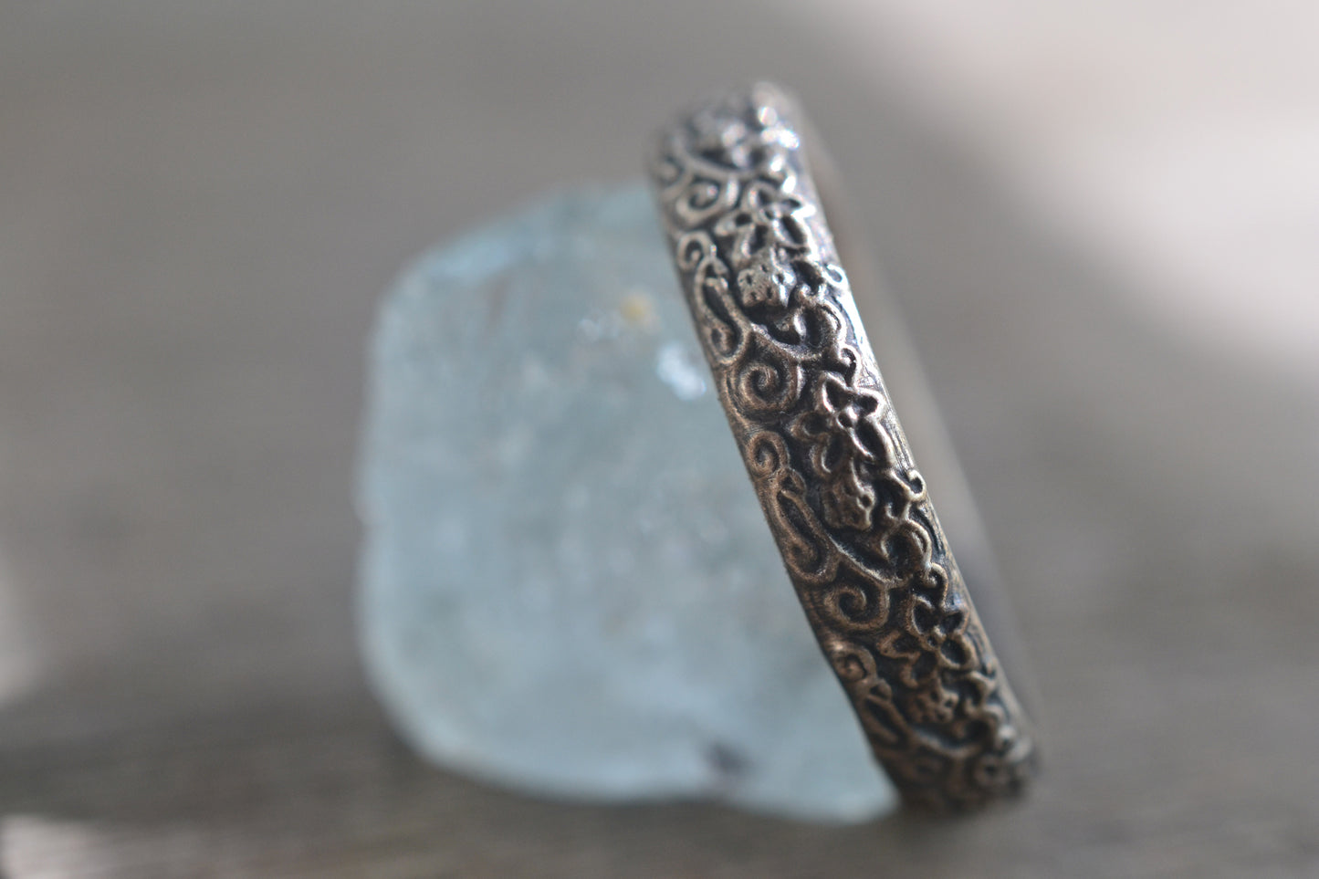 Oxidised Silver Flower & Leaf Wedding Band