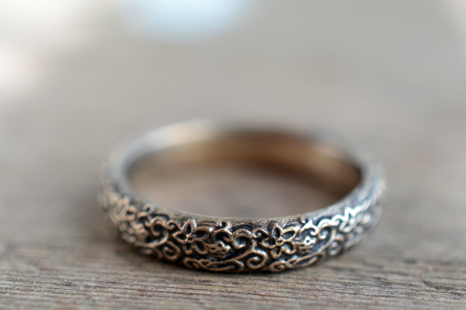 Oxidised Silver Flower & Leaf Wedding Band