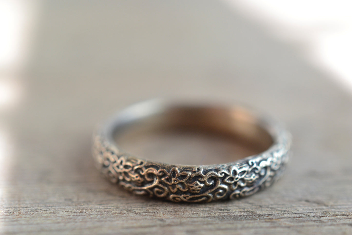 Flower Wedding Band in Oxidised 925 Silver