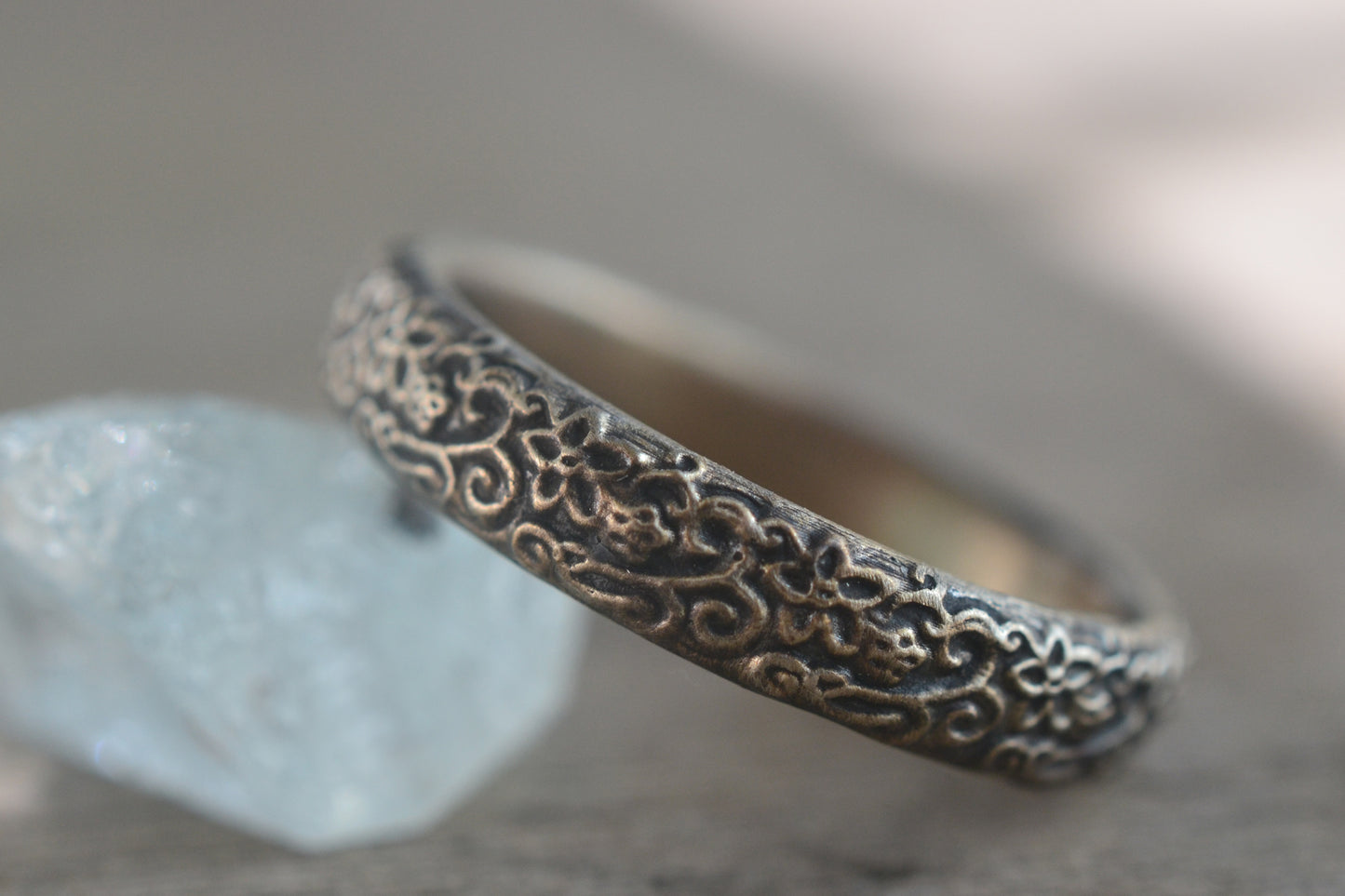 Domed Silver Flower & Leaf Poesy Ring