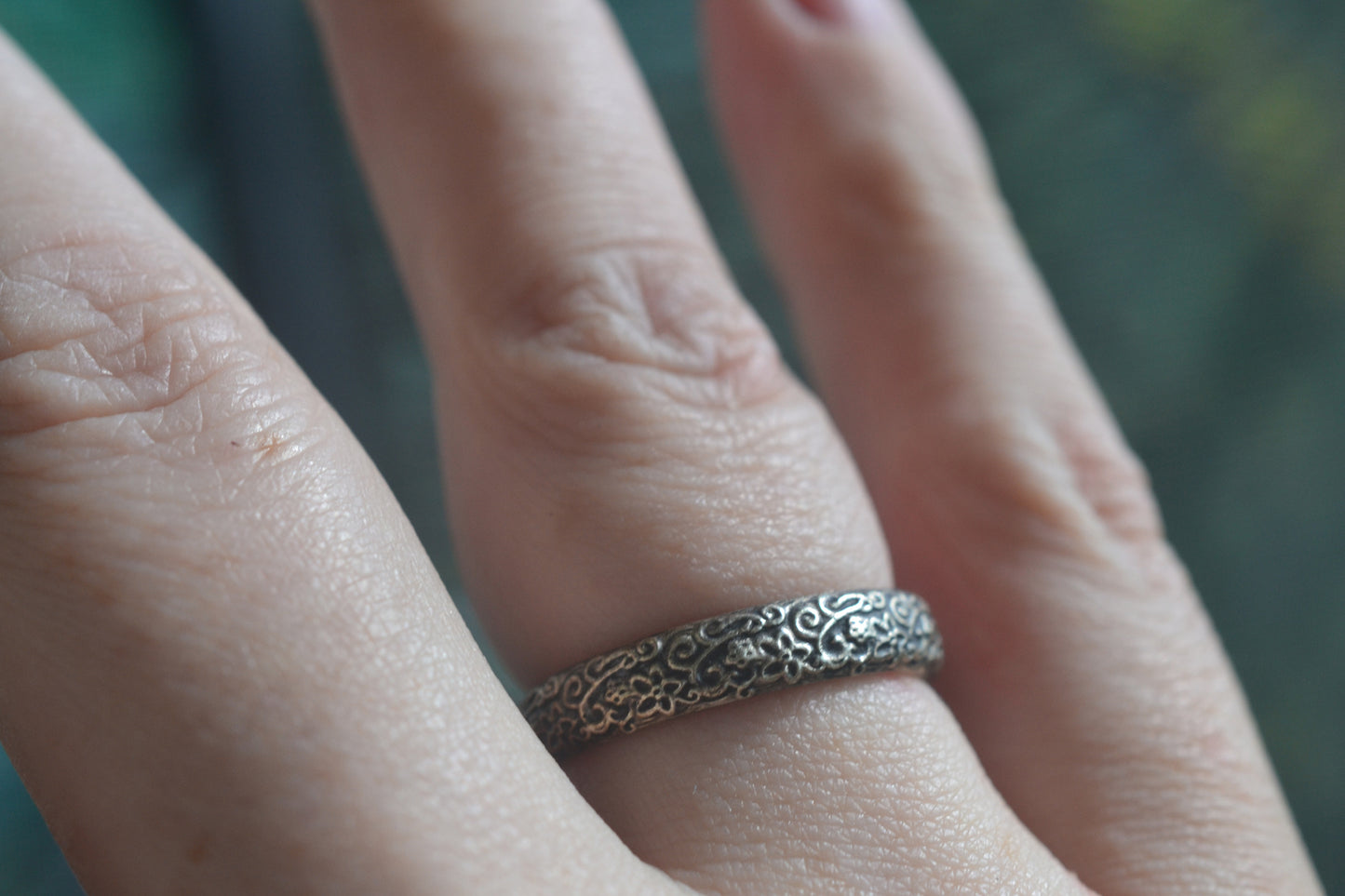 Antiqued Silver Floral Wedding Band