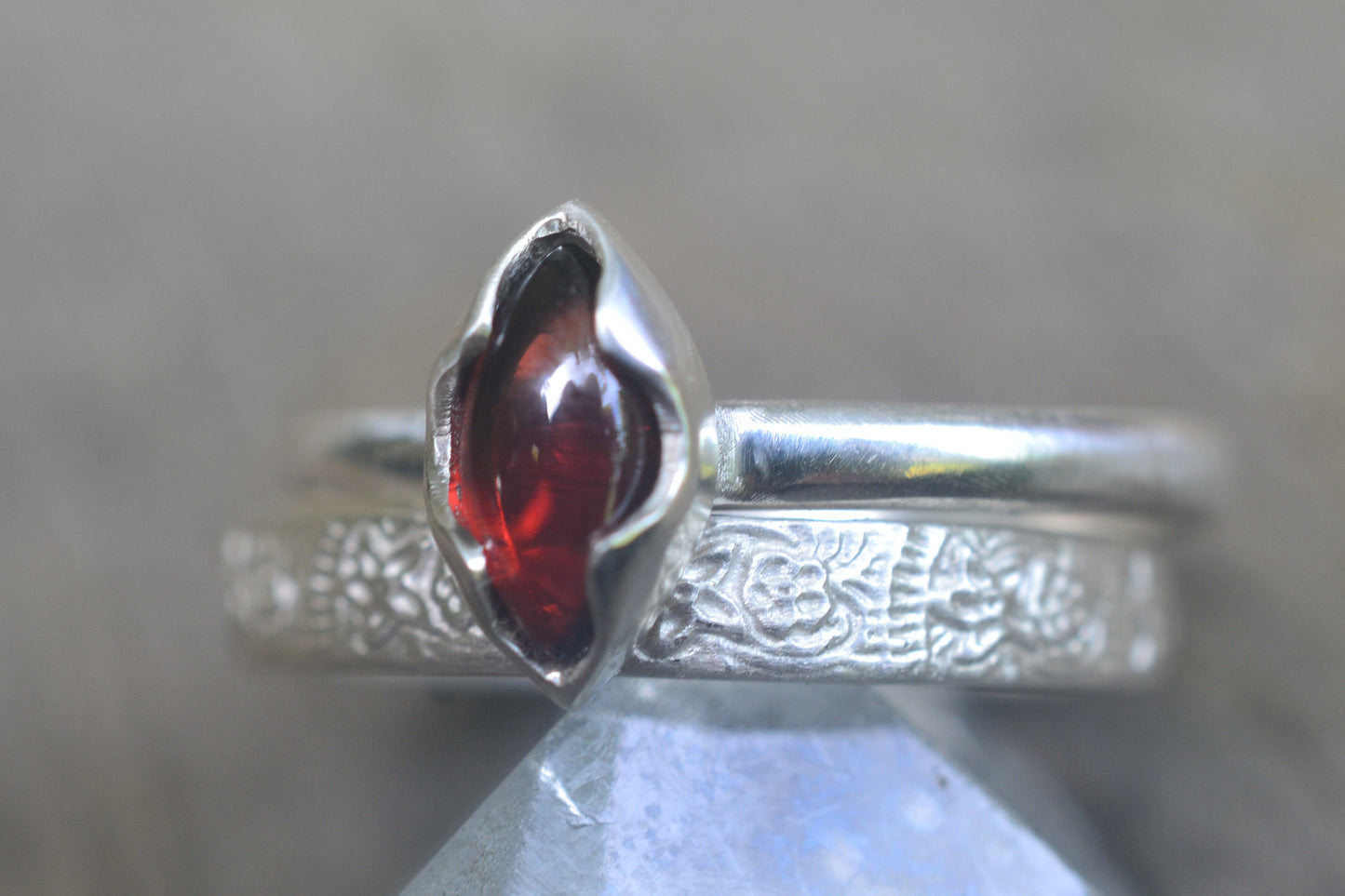 Stackable Natural Garnet & Flower Ring Set