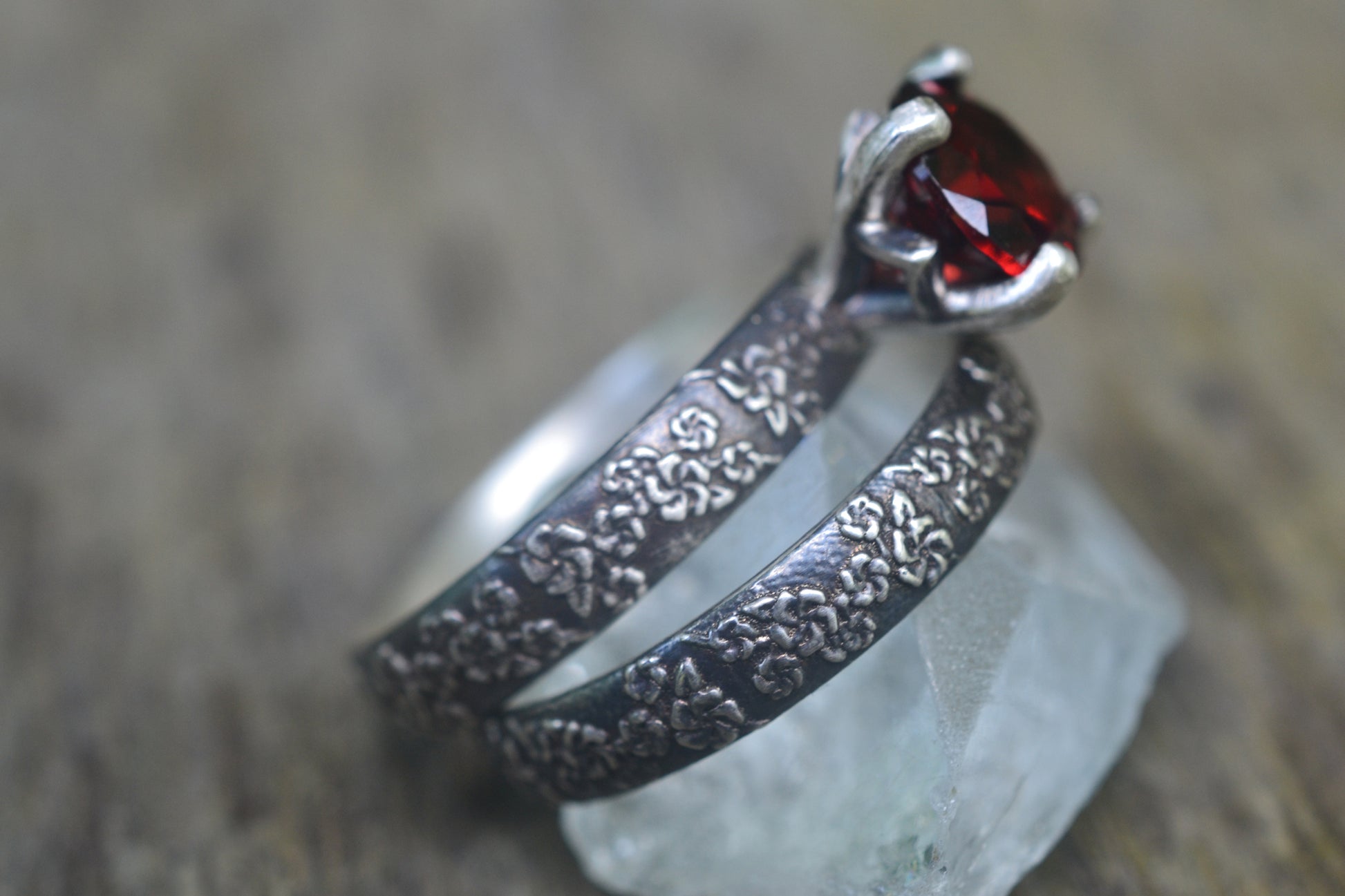 Gothic Blossom Wedding Set With Red Garnet