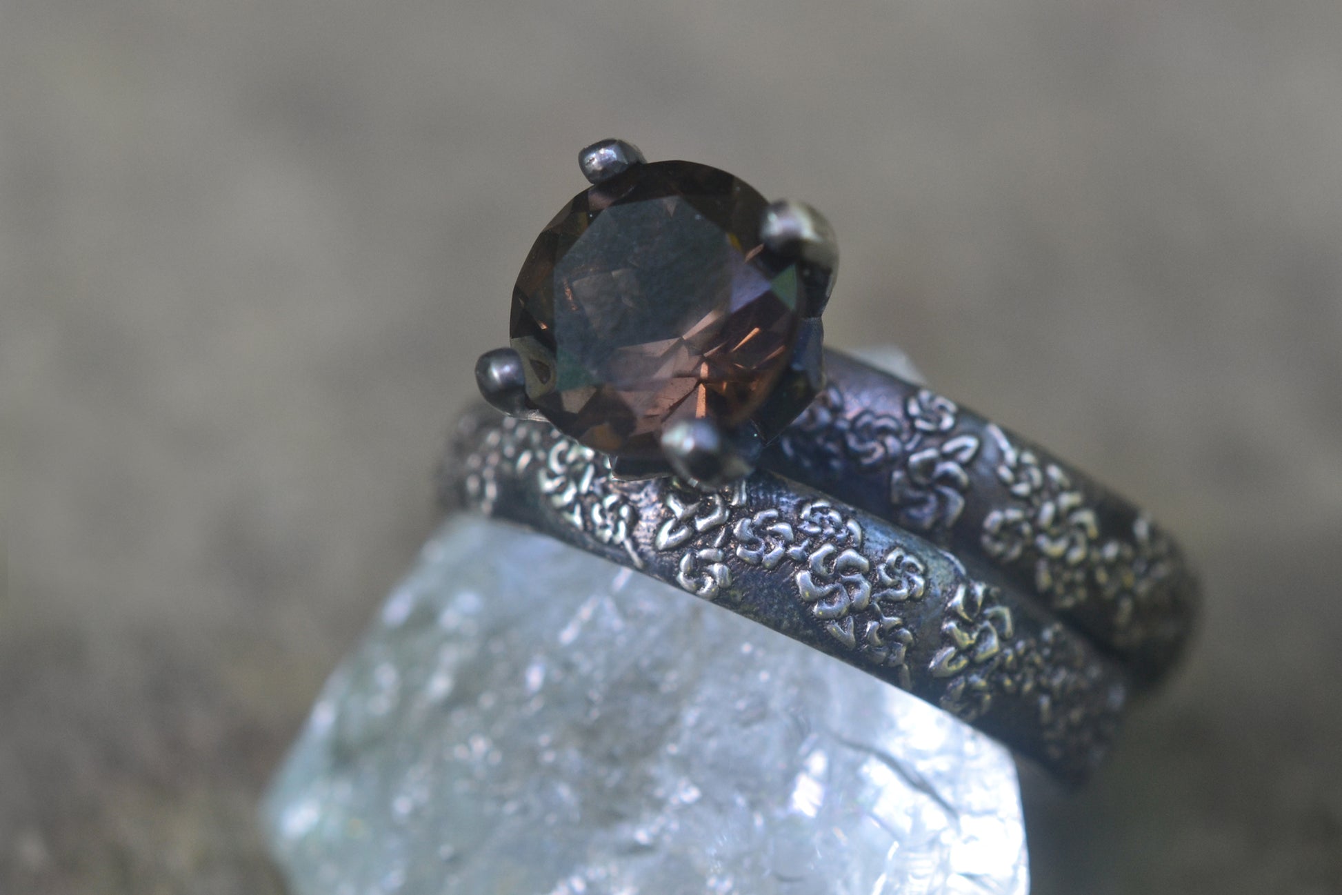 Gothic Cherry Blossom Wedding Set With Smoky Quartz