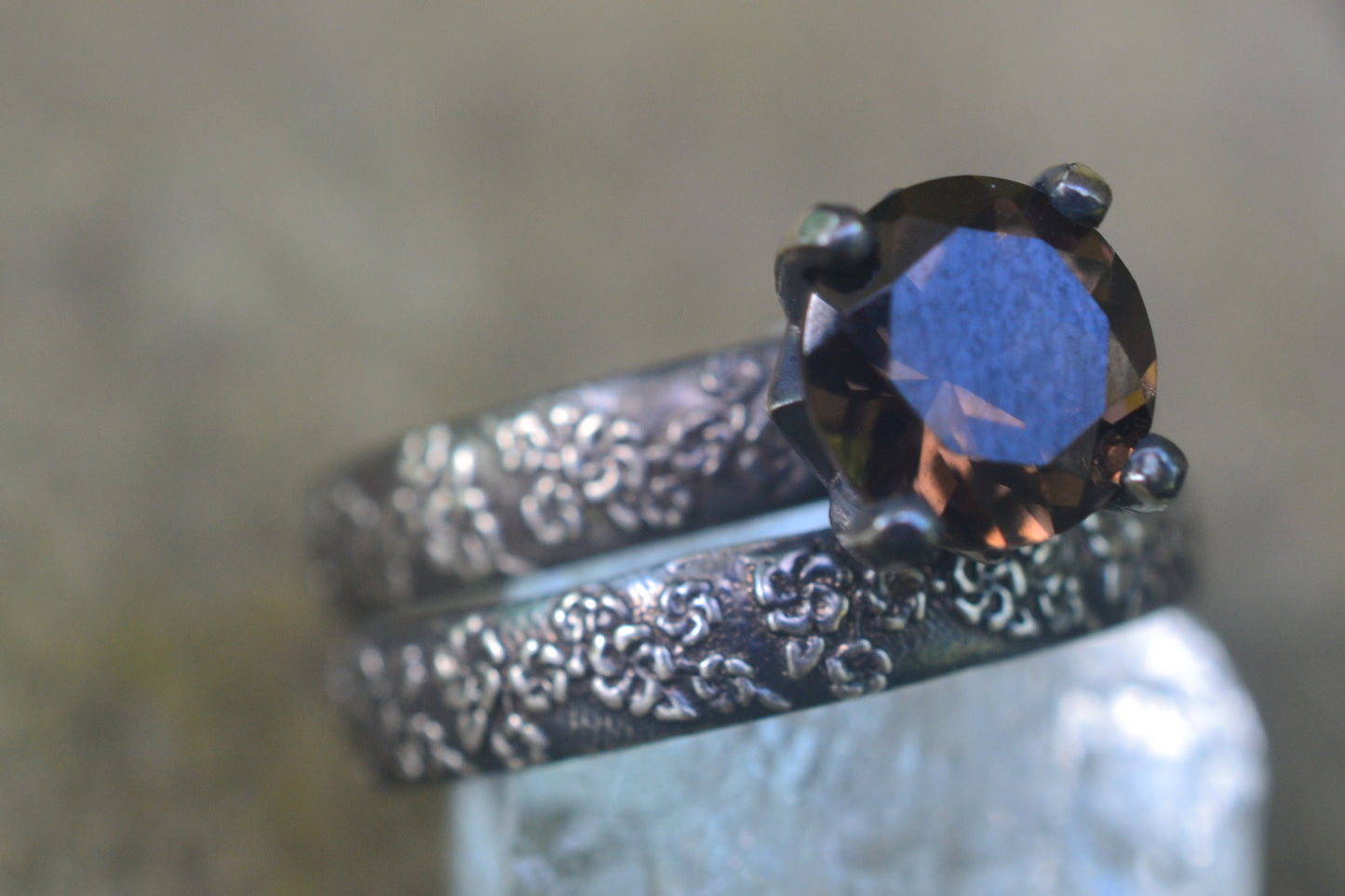 Brown Stone Wedding Set in Oxidised Floral Silver