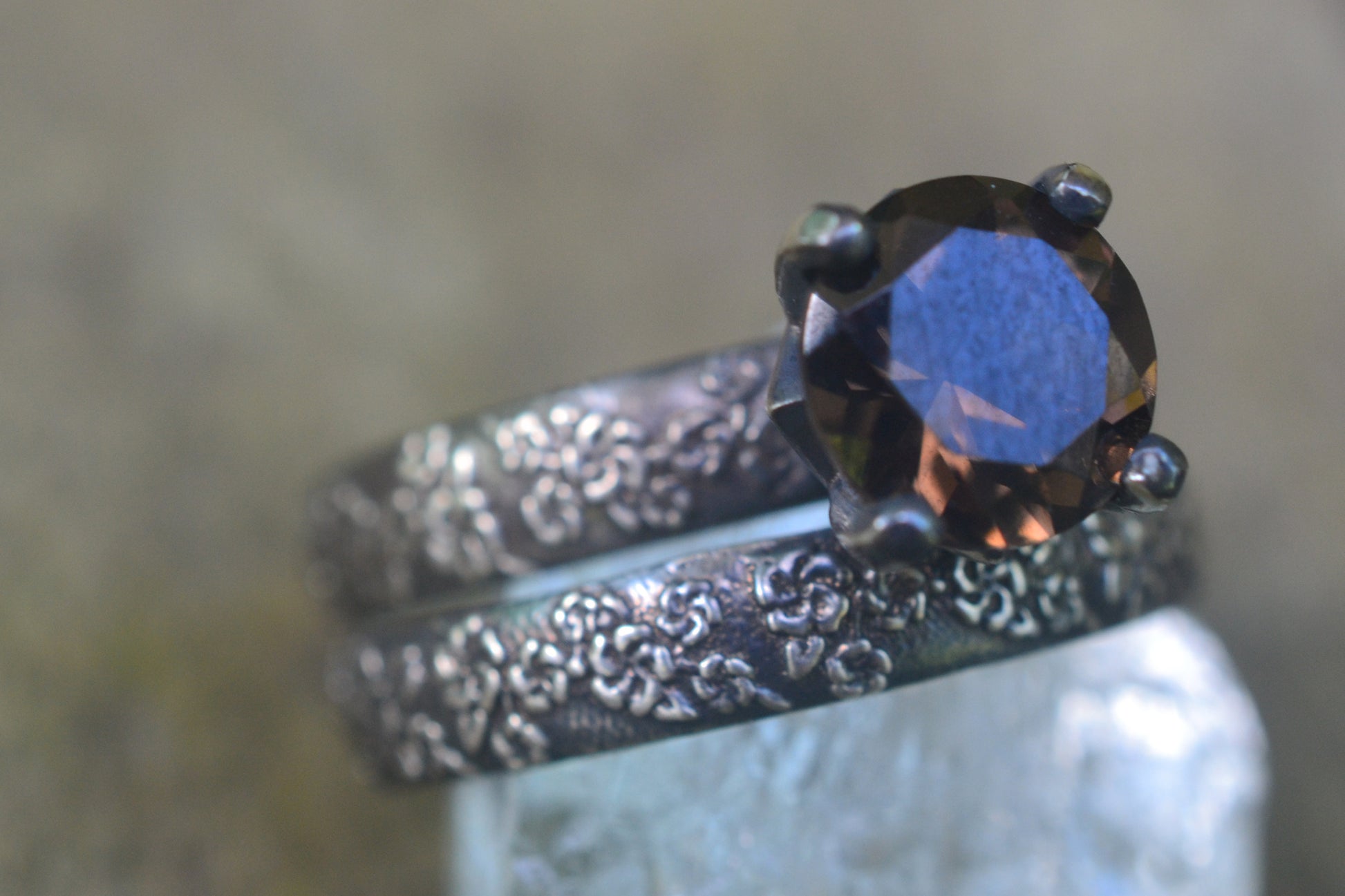 Brown Stone Wedding Set in Oxidised Floral Silver