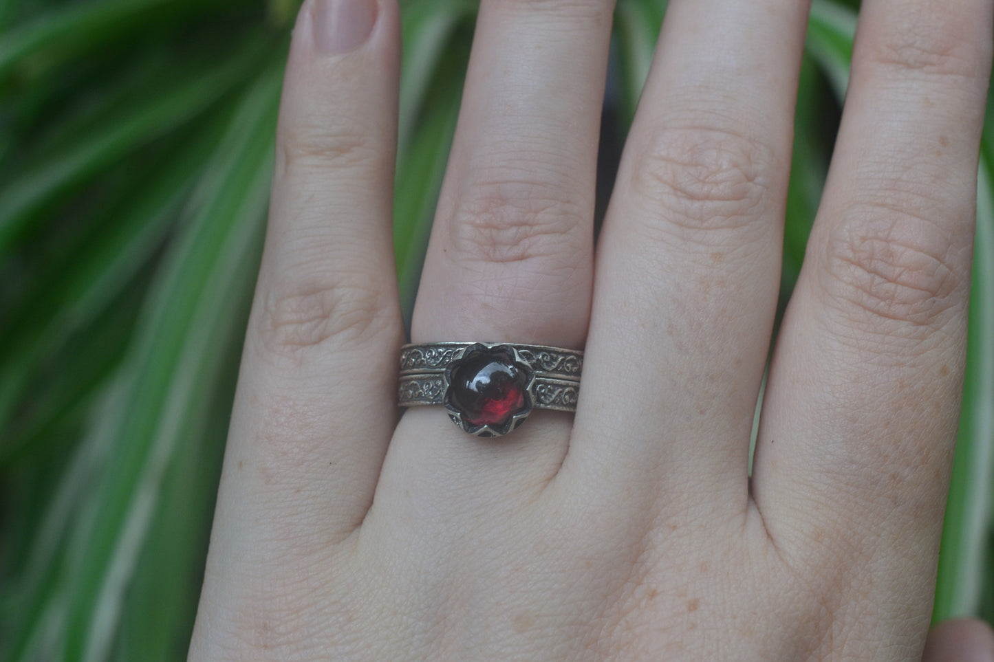 Gothic Silver & Garnet Cabochon Bridal Set