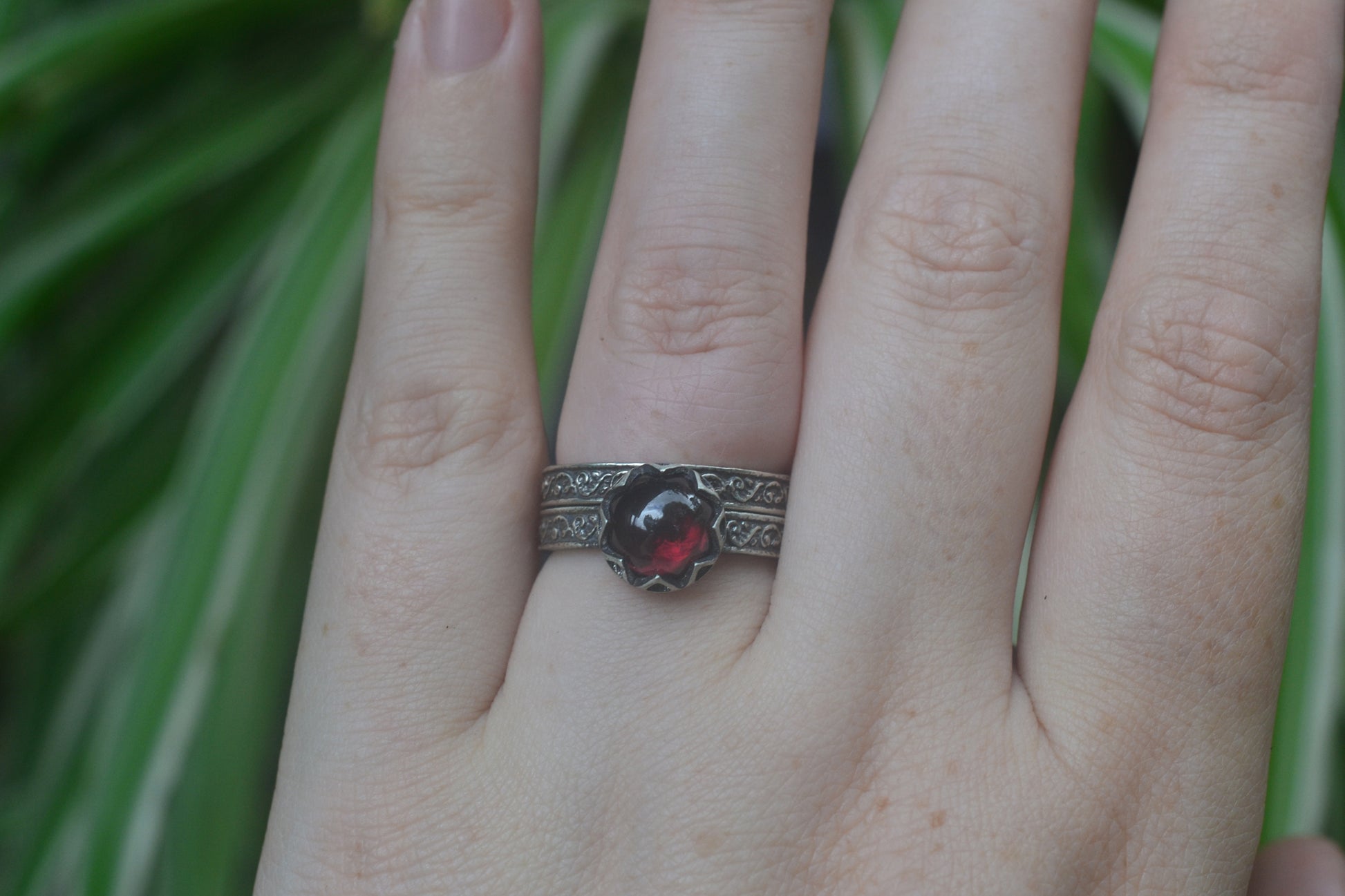 Gothic Silver & Garnet Cabochon Bridal Set