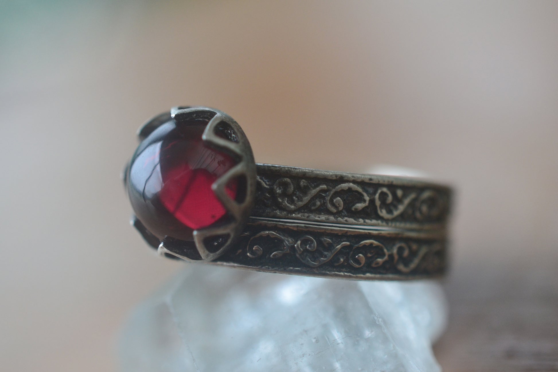 Gothic Oxidised Silver Garnet Wedding Set