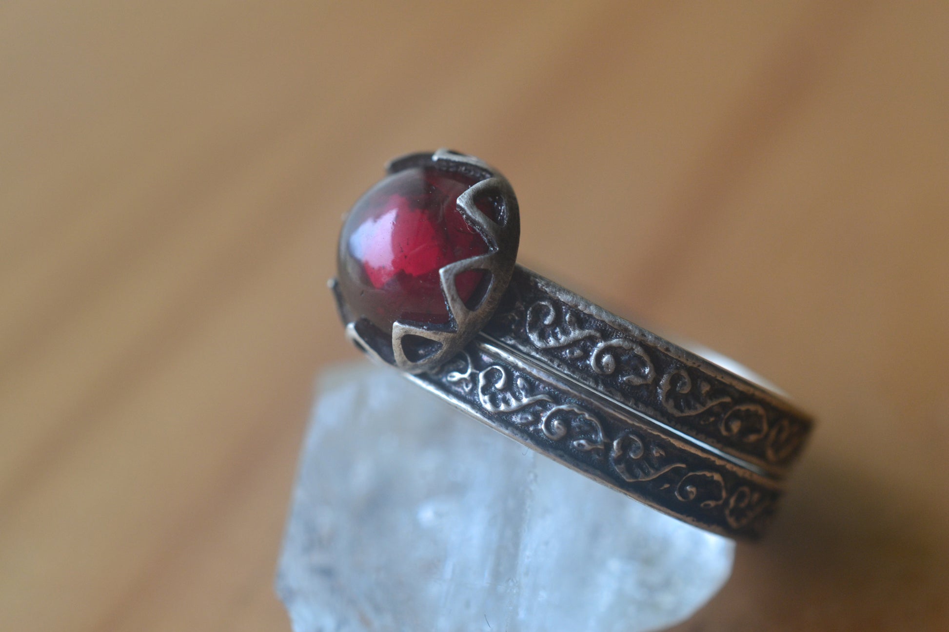 Renaissance Style Garnet Wedding Set in Silver