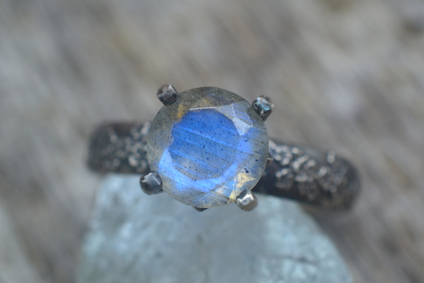 labradorite engagement ring in oxidised silver