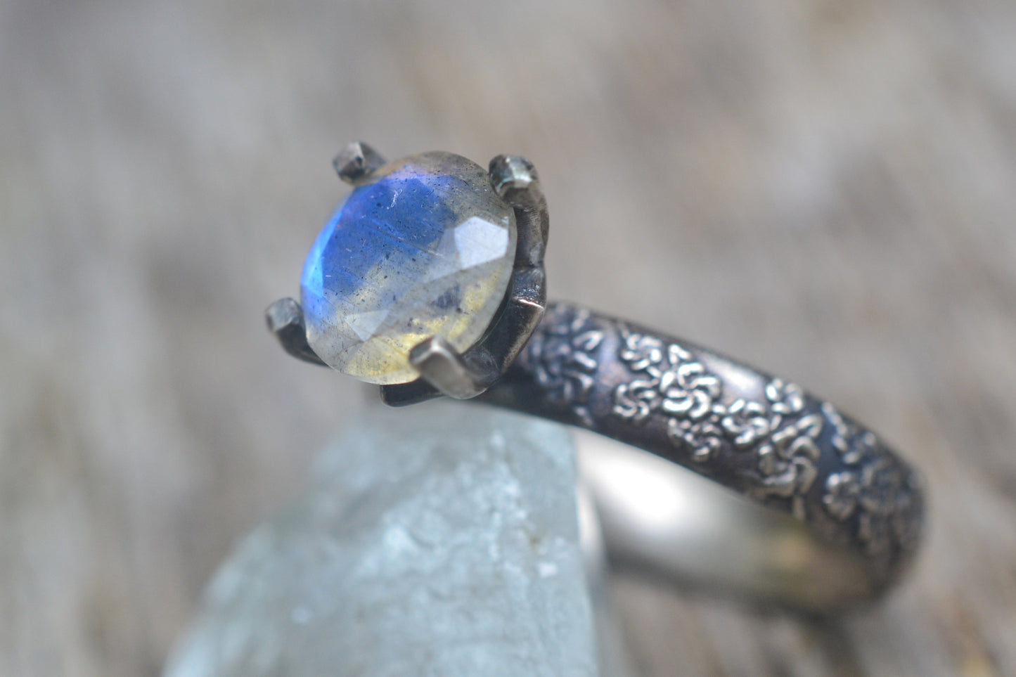 cherry blossom ring with natural labradorite