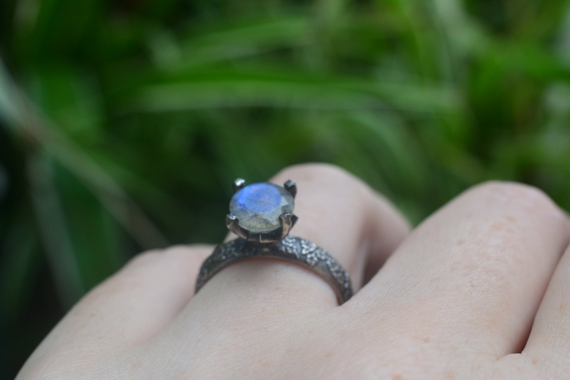 gothic labradorite engagement ring with floral design