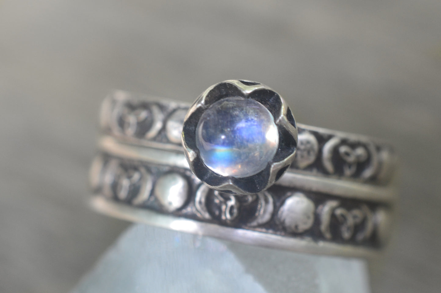 Gothic Moon Wedding Band Set With Moonstone