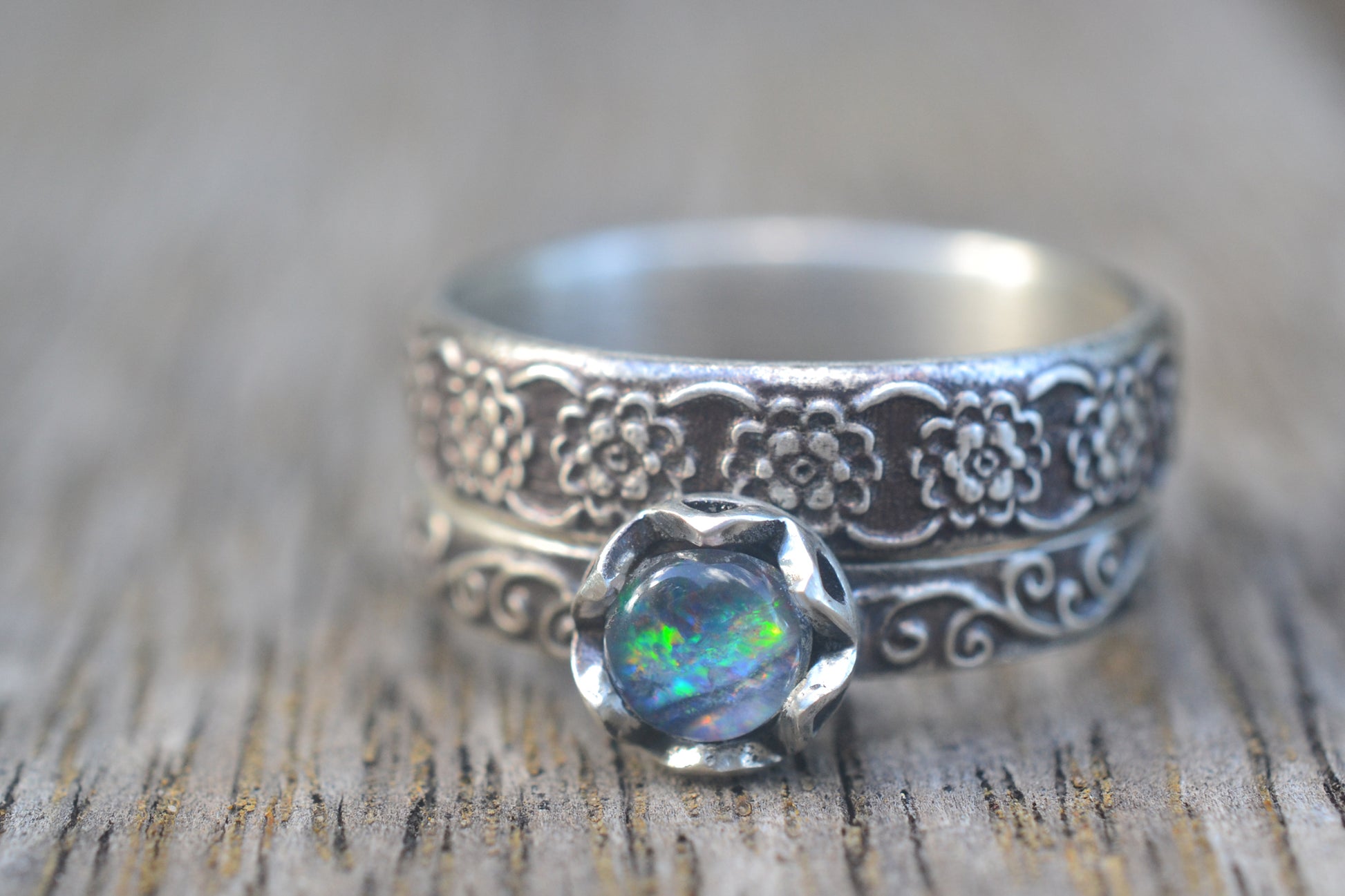 Floral Swirl Wedding Set With Opal Triplet